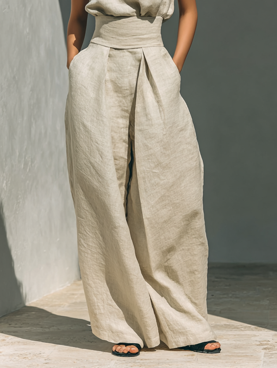 Aurora • Conjunto compuesto por un top sin mangas beige de mezcla de algodón y lino sintético y unos pantalones de pierna ancha