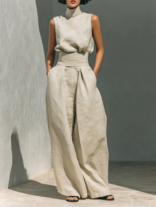 Aurora • Conjunto compuesto por un top sin mangas beige de mezcla de algodón y lino sintético y unos pantalones de pierna ancha
