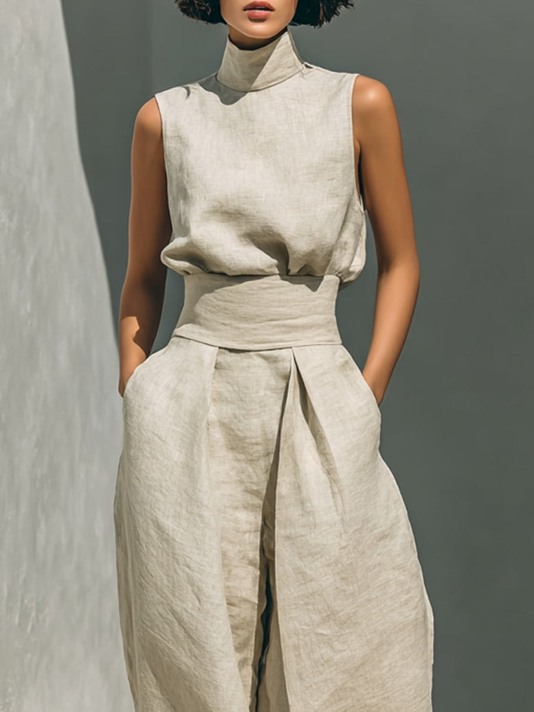 Aurora • Conjunto compuesto por un top sin mangas beige de mezcla de algodón y lino sintético y unos pantalones de pierna ancha