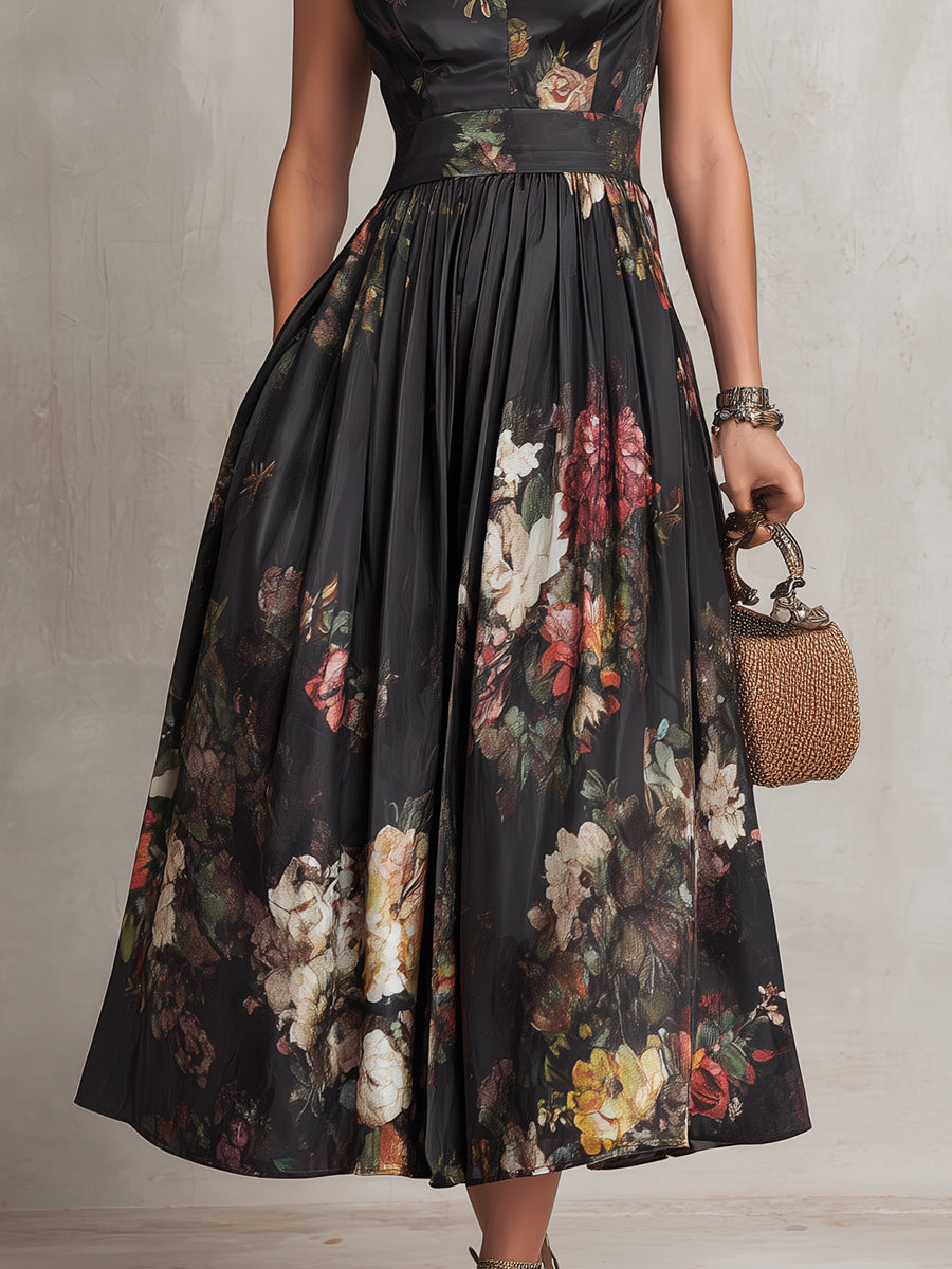 Violeta ¦ Vestido midi negro de satén plisado con estampado floral y cuello con abertura en forma de llave