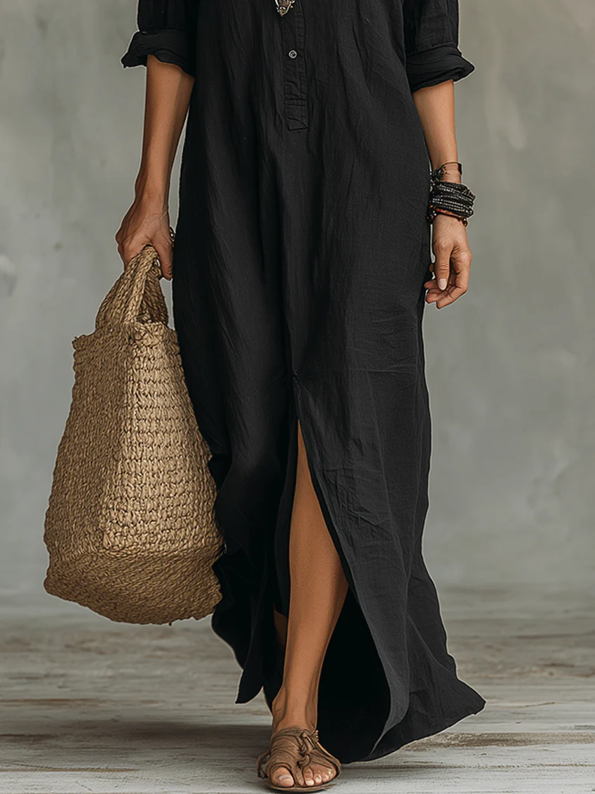 Sofia™ | Vestido largo negro holgado con botones