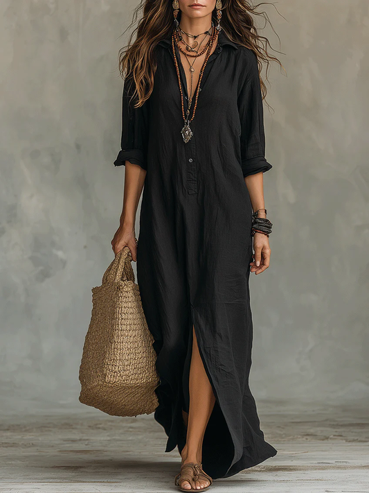 Sofia™ | Vestido largo negro holgado con botones