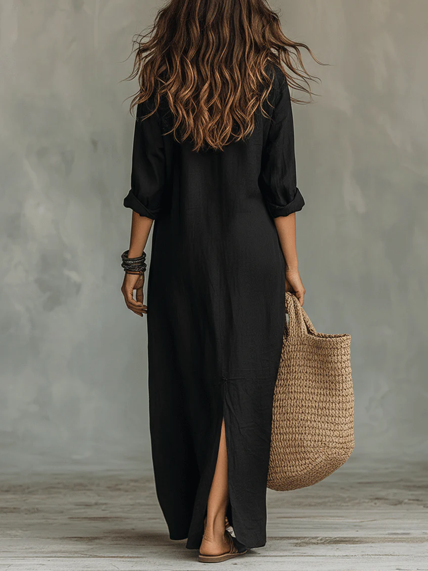 Sofia™ | Vestido largo negro holgado con botones