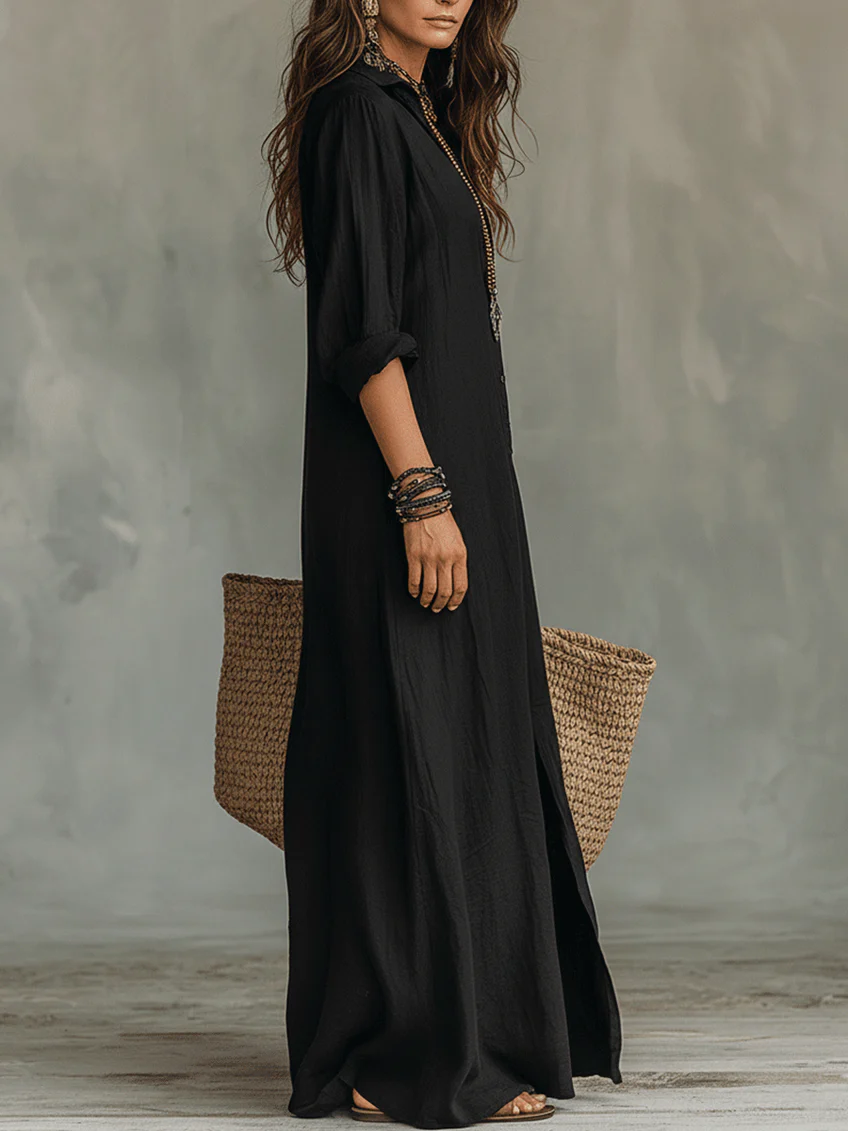 Sofia™ | Vestido largo negro holgado con botones