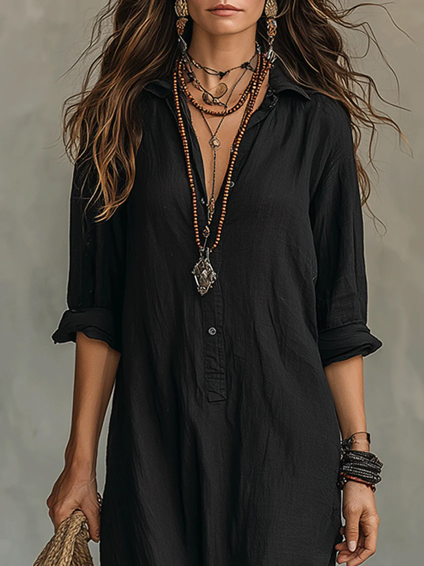 Sofia™ | Vestido largo negro holgado con botones