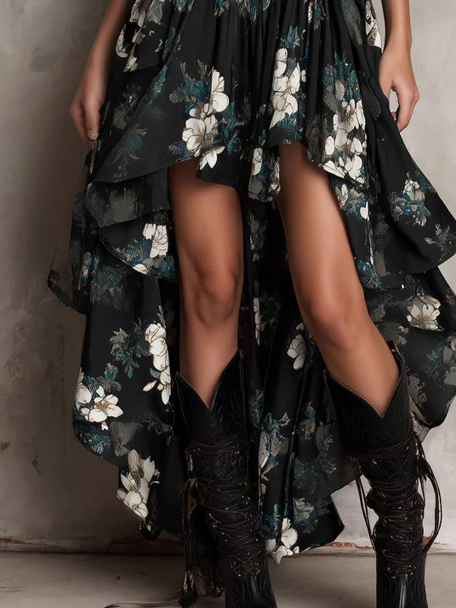 Lucía | Vestido largo negro boho con estampado floral