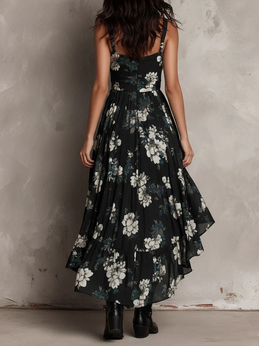 Lucía | Vestido largo negro boho con estampado floral