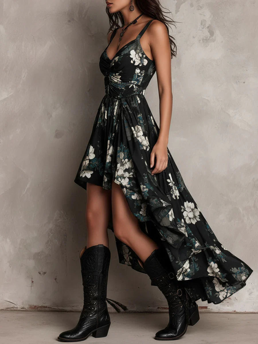 Lucía | Vestido largo negro boho con estampado floral