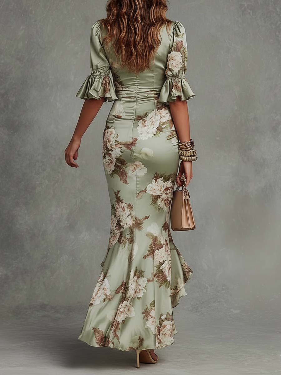 Anastasia | Vestido Largo de Raso con Estampado Floral