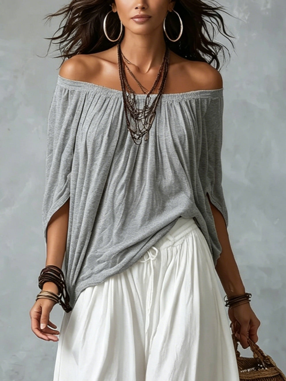 Bárbara | Conjunto: top de hombros descubiertos y pantalón globo (gris y blanco)