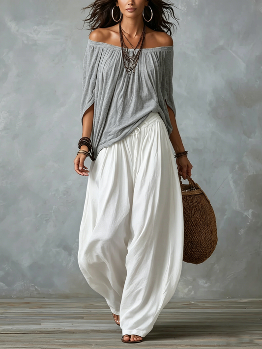 Bárbara | Conjunto: top de hombros descubiertos y pantalón globo (gris y blanco)