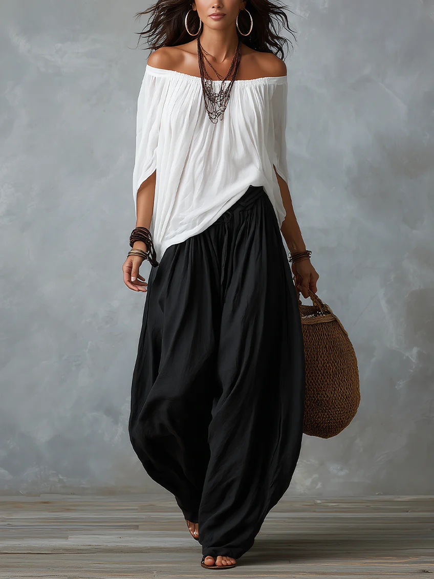 Marisa | Conjunto blanco: top de hombros descubiertos y pantalón globo