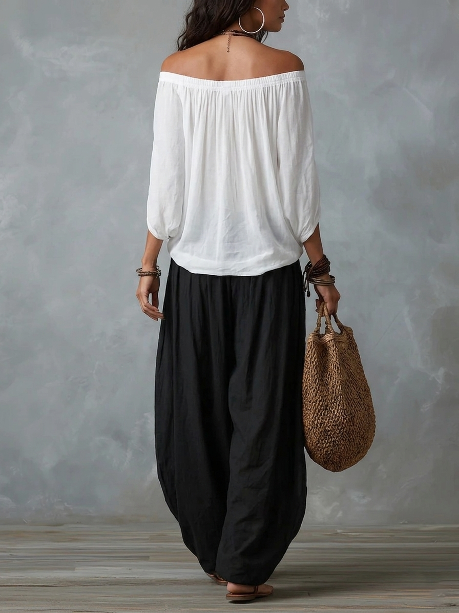 Marisa | Conjunto blanco: top de hombros descubiertos y pantalón globo