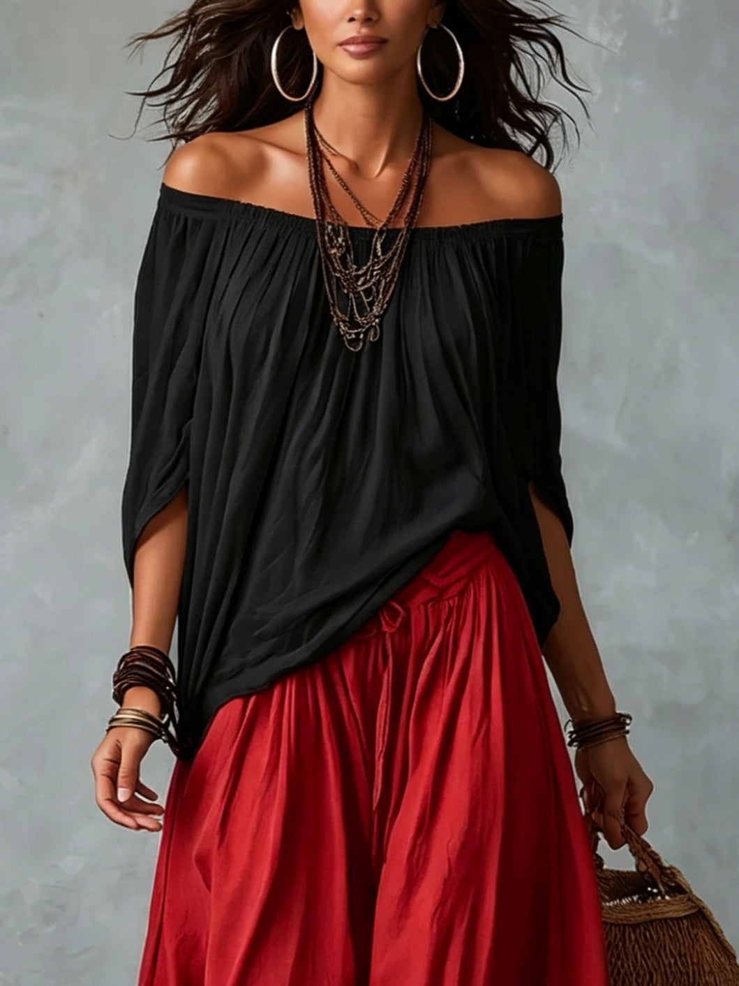 Claudia | Conjunto: top de hombros descubiertos y pantalón globo (negro y rojo)
