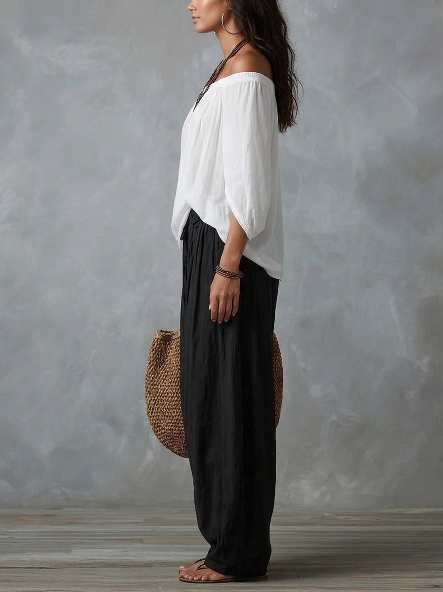 Marisa | Conjunto blanco: top de hombros descubiertos y pantalón globo