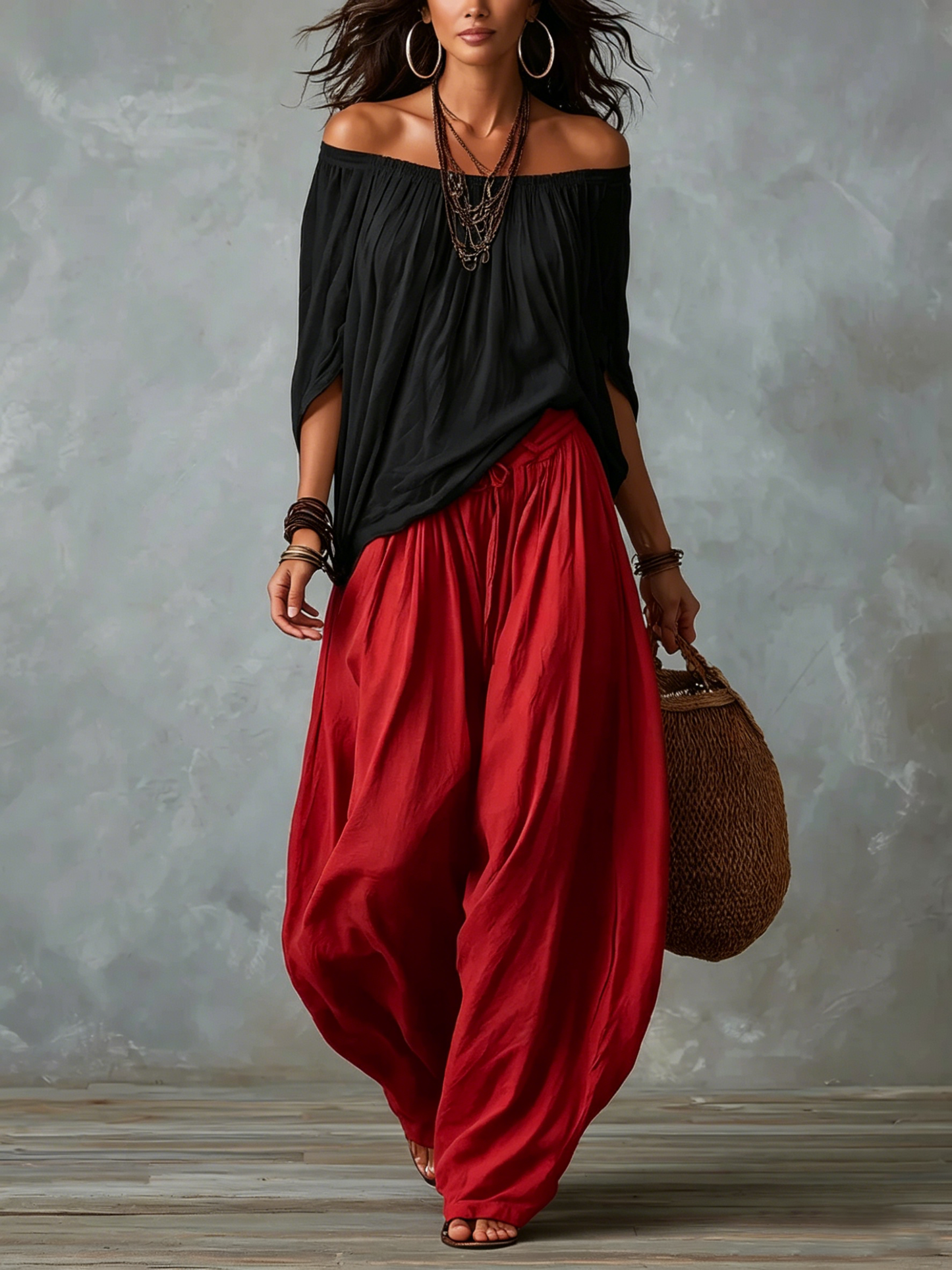 Claudia | Conjunto: top de hombros descubiertos y pantalón globo (negro y rojo)