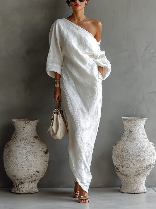 Elisa™ | Elegante vestido largo de un solo hombro en blanco