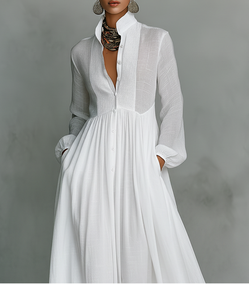 Alexia ¦ Maxi minimalista de algodón y lino con patchwork, cuello alto y mangas largas
