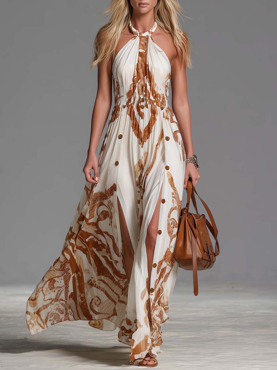 Beatriz ¦ Vestido largo vintage de estilo bohemio con cuello halter, estampado western marrón sobre gasa marfil, con aberturas