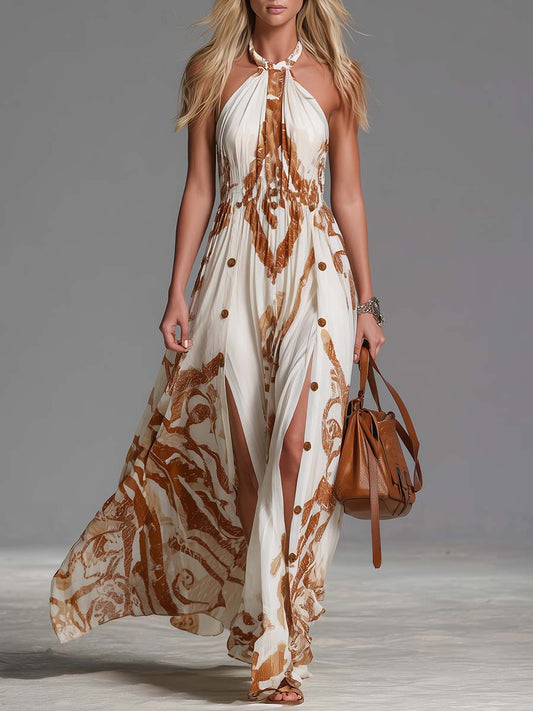Beatriz ¦ Vestido largo vintage de estilo bohemio con cuello halter, estampado western marrón sobre gasa marfil, con aberturas