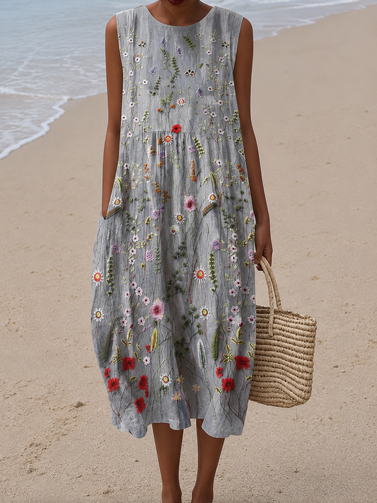 Carla | Vestido Midi Flores Silvestres sin Mangas