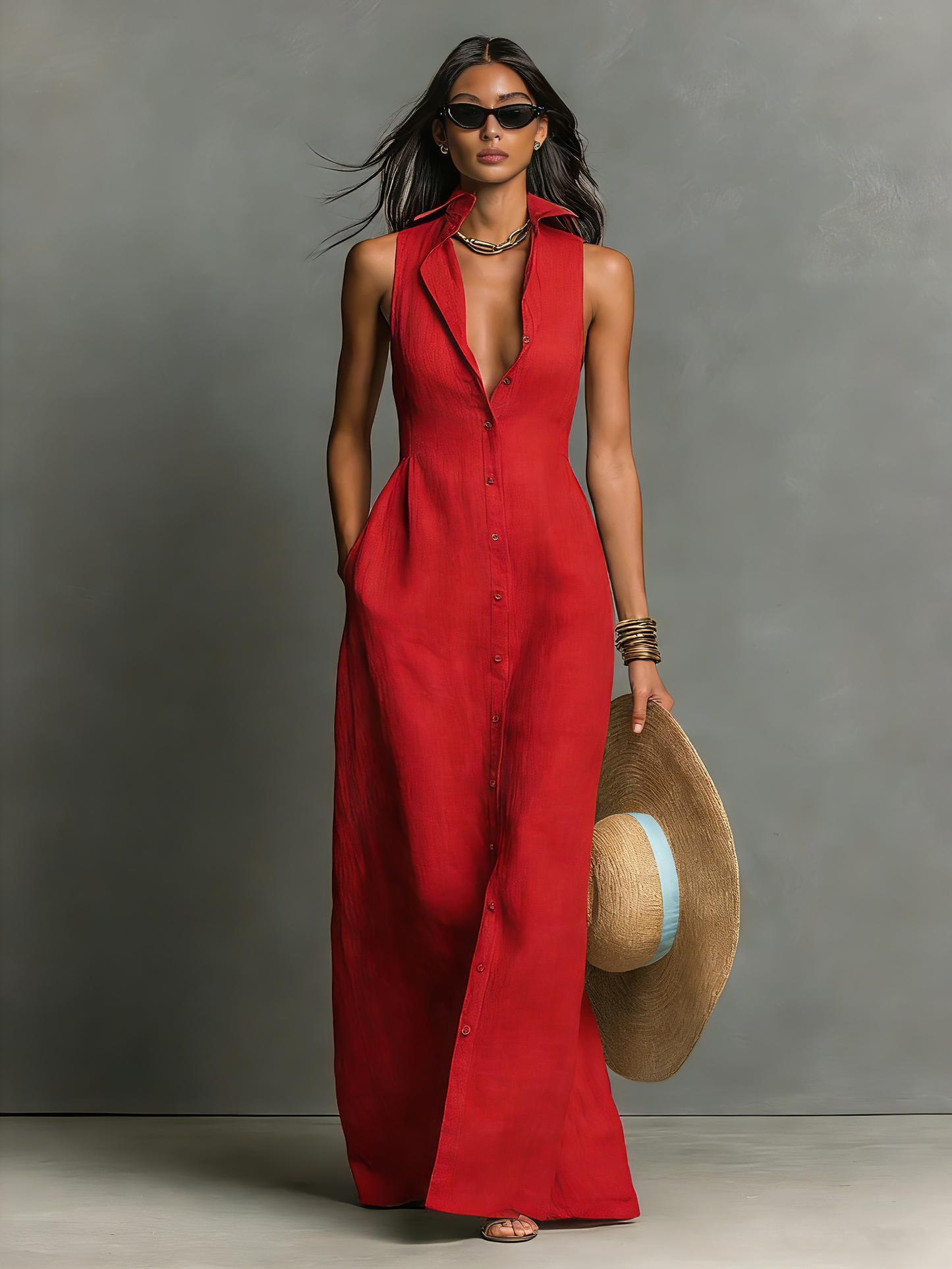 Celia | Vestido largo tipo camisa sin mangas de lino, de estilo minimalista, para mujer