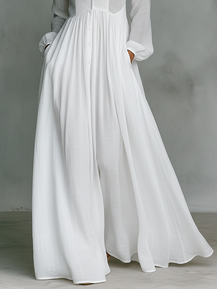 Alexia ¦ Maxi minimalista de algodón y lino con patchwork, cuello alto y mangas largas